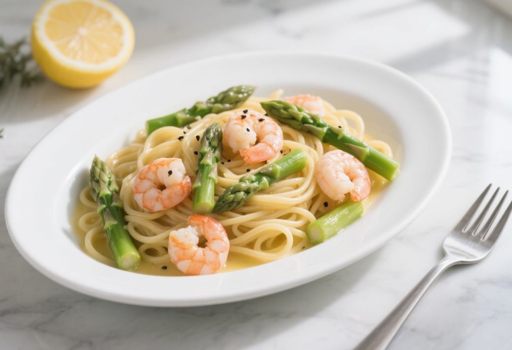  Low\-Fat Quick Meal: Fresh and Homemade Asparagus and Shrimp Pasta Recipe